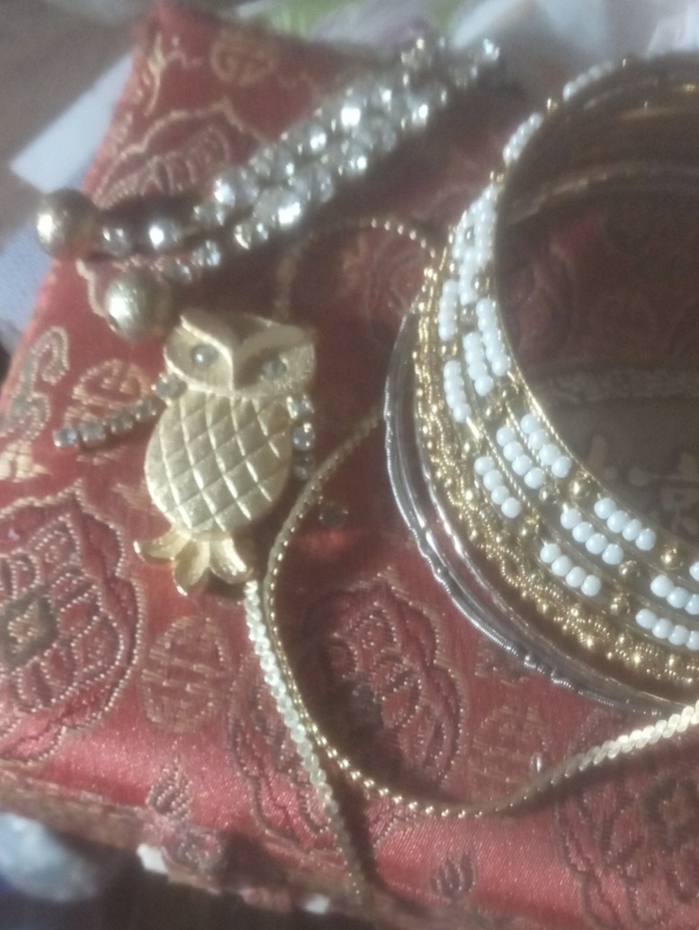 Gold Owl Pendant Necklace with White-Beaded Bangles